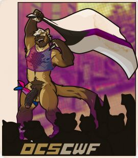 absurd_res accessory anthro armpit_hair big_penis bisexual_pride_colors blonde_hair blurred_background body_hair border brown_body brown_fur closed_eyes clothed clothing cock_ring crowd demisexual_pride_colors facial_hair fishnet_clothing fishnet_topwear flag flag_(object) footwear foreskin fur genitals group gulonine hair hi_res jewelry kerchief lgbt_pride lgbt_pride_month male mammal marten muscular muscular_anthro muscular_male mustelid musteline orange_border outcast-stars partially_clothed paw_shoes penis penis_accessory penis_jewelry pine_marten pride_colors pride_parade silhouette smile solo tail topwear vein veiny_penis weyland_here