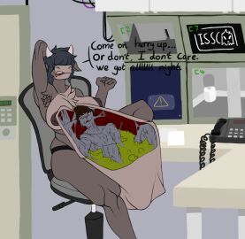 acid_bubbles annoyed_pred anthro armpit armpit_fur armpit_hair armpits background big_belly bovine breasts brown_hair chubby chubby_pred chyme commission commissioned_art commissions_open dialogue digestion digestive_fluids feline female female_pred hair_covering_eyes half_submerged horns infiniteshades internal_view leaning_backward male male_prey melty melty_digestion muscles naked_breasts naked_female office office_chair panties prey security security_guard sitting sitting_in_chair stomach_acids stomach_bulges stomach_imprint stomach_juices struggling_prey submerged_prey text tired_prey underwear vore