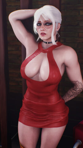 3d big_breasts blue_eyes boob_window breasts brittany_angel choker dress female freckles glasses large_breasts lipstick looking_at_viewer nipple_bulge nopixel red_dress tattoos text_on_choker thighs virt-a-mate virtamate white_hair