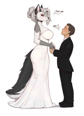 1boy 1girls 2d 2d_(artwork) 2d_artwork anthro anthro_female ass big_ass big_breasts big_butt breasts candid canid_demon canid_humanoid canine canine_humanoid clothed dress ear_piercing english_text female formal_attire formal_clothes formal_wear fully_clothed furry furry_female grey_body grey_fur grey_hair hellhound helluva_boss hmofa holding_hands human human_male husband_and_wife interspecies_marriage larger_female loona_(helluva_boss) male male/female male_human male_human/female_anthro mammal marriage monster monster_girl multicolored_fur mythological_canine no_nude no_nudity red_sclera ring_piercing short_male shorter_male simple_background size_difference smaller_male sugene suit tagme tail tall_female taller_female text tsundere vivienne_medrano vivziepop wedding wedding_attire wedding_dress white_body white_fur white_iris wholesome