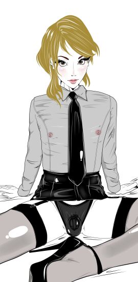 1boy blonde_hair bulge bulge_through_clothing cage caged caged_cock chastity chastity_cage chastity_device clothed clothing cock_cage collared_shirt crossdressing dankootheartist femboy femboy_only freckles garter_straps green_eyes high_heels latex latex_clothing latex_legwear latex_skirt latex_stockings latex_thighhighs latex_tie legwear long_hair looking_at_viewer looking_pleasured male male_only mostly_clothed nipples office_clothing orgasm_denial original panties penis penis_cage revealing_clothes secretary secretary_outfit see-through see-through_clothing see-through_panties see-through_shirt shiny_clothes shirt shirt_collar shirt_tucked_in shirt_tucked_in_skirt skimpy_clothes skirt_suit solo solo_femboy solo_male stockings tagme thighs tie tucked_shirt