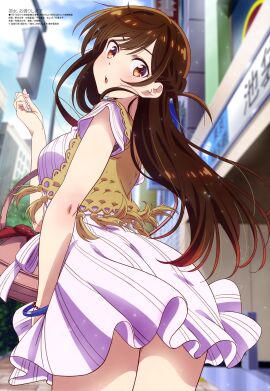 amber_eyes arched_back ass blue_bracelet blush bracelet breasts brown_hair brunette_hair cityscape dress female from_behind from_below handbag japanese_text jpeg kanojo_okarishimasu light-skinned_female light_skin looking_at_viewer looking_down mizuhara_chizuru outdoors pink_dress sideboob standing text