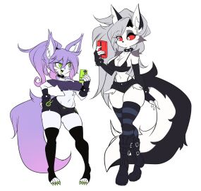 2girls anthro big_breasts breasts cleavage crossover ears female fingerless_gloves furry green_eyes grey_body grey_fur grey_hair helluva_boss hiel_(lucyfercomic) huge_breasts larger_female long_hair looking_at_each_other loona_(helluva_boss) lucyfercomic open_mouth outfit_swap phone ponytail purple_hair purple_tail red_sclera shorts size_difference smaller_female spiked_collar tagme tail thick_thighs thighhighs two-tone_body two-tone_fur two-tone_tail white_body white_eyes white_fur wide_hips wolf wolf_girl