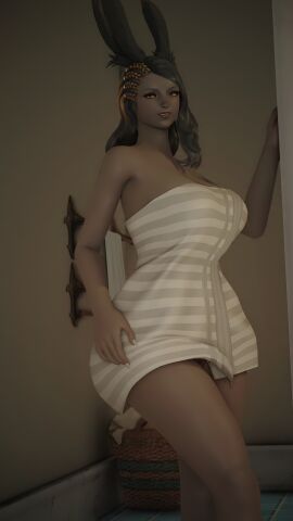 1girls 3d bathrobe bathroom black_hair breasts bunny_ears bunny_girl cahciua covered_nipples covering covering_breasts female final_fantasy_xiv gpose_(ffxiv) grey_skin milf naked naked_female srosebrace tall_female towel towel_only viera yellow_eyes yellow_hair