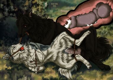 amber_eyes animal_genitalia animal_penis animal_pussy ball_gag balls black_body black_claws black_fur black_pawpads blue_eyes bodily_fluids bondage bound canid canine canine_genitalia canine_penis canine_pussy canis claws cum cum_from_pussy cum_in_pussy cum_inside cutaway detailed_background dominant dominant_male duo ejaculation erection female female_penetrated feral feral_on_feral feral_penetrated feral_penetrating feral_penetrating_feral fur gag gagged genital_fluids genitals grass grey_body grey_fur hi_res internal internal_vaginal knot knotting leash leash_in_mouth leash_pull legs_tied looking_at_another lying male male/female male_penetrating male_penetrating_female mammal msdeadsoul object_in_mouth on_side open_mouth outside pawpads paws penetration penile penile_penetration penis penis_in_pussy pink_pawpads plant pussy quadruped restraints rope rope_bondage saliva sex submissive submissive_female tongue vaginal_knotting vaginal_penetration white_body white_fur wolf