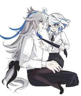 1boy 1girls ahoge blue_hair clothed duo female furina_(genshin_impact) genshin_impact hand_on_chest hiji_(hijichan) horny_female imminent_sex light_blue_hair looking_at_partner male neuvillette_(genshin_impact) office_clothing office_lady open_mouth petite pulling_tie short_hair sitting sitting_on_lap sitting_on_person size_difference smaller_female taller_male tie tie_pull two-tone_hair white_background white_hair