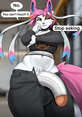 absurd_res alternative_fashion anthro big_penis blue_nose cameron_(xjax1) choker clothing collar eeveelution femboy fishnet_clothing fur generation_6_pokemon genitals goth hair hi_res huge_cock hyper hyper_genitalia hyper_penis jewelry lipstick makeup male male_focus male_only necklace nintendo nymphia orange_eyes orange_insides orange_lipstick orange_pawpads pawpads penis pink_body pink_fur pink_hair pokemon pokemon_(species) quartzz solo sylveon teasing torn_clothing white_body white_fur