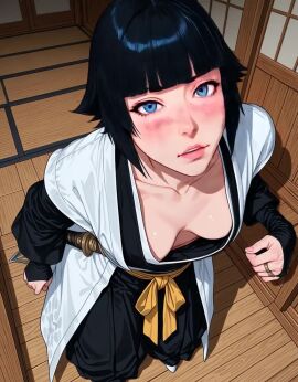 ai_generated all_fours areolae bangs bare_shoulders black_hair black_hakama black_kimono black_pants bleach blue_eyes blunt_bangs blush breasts breasts_apart clavicle cleavage closed_mouth clothing collarbone eyebrows eyelashes female female_only gloves hakama hakama_skirt hanging_breasts haori hip_vent indoors japanese_clothes jousneystudio kimono large_breasts leaning_forward light-skinned_female lips long_sleeves looking_at_viewer male medium_breasts navel nipple_slip nipples no_bra open_clothes robe sash shiny_skin short_hair short_sleeves sidelocks soifon solo solo_focus sui-feng sweat tagme thighs traditional_clothes trembling video wafuku