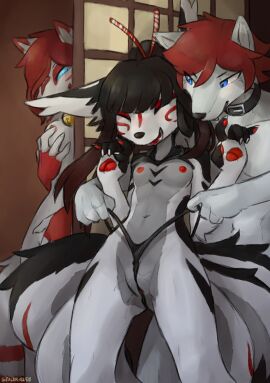 2025 4_fingers absurd_res anthro anthro_on_anthro areola being_watched biped black_body black_fur black_hair blue_eyes blue_sclera breasts canid canine canis clenched_teeth closed_eyes clothed clothed_anthro clothed_female clothing collar collar_only countershade_fur countershade_torso countershading digital_media_(artwork) ear_tuft feet female fingers fox fox_spirit fur genitals grey_body grey_fur group hair hand_on_breast hand_on_own_breast hi_res inside lewin_(sealer4258) looking_at_another male male/female mammal masturbation multi_tail multicolored_body multicolored_fur navel nipples nude nude_anthro nude_female nude_male open_mouth panties panties_only pantsless pantsless_anthro pantsless_female partially_clothed partially_clothed_anthro partially_clothed_female pussy rana_(sealer4258) red_hair sayua_illuma sealer4258 sex sitting small_breasts spread_legs spreading tail teeth toes tongue topless topless_anthro topless_female trio tuft underwear underwear_only vaginal_masturbation vaginal_penetration vulva white_body white_fur wolf