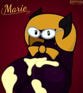 asphalto blonde_hair bowtie breasts cum cum_on_breasts dark_purple_body female female_focus female_only glasses huge_breasts marie_(asphalto) nerdy_female purple_body red_background simple_background yellow_bowtie