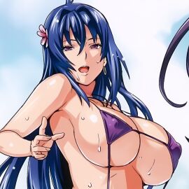 bangs bare_shoulders big_nipples blue_eyes blue_hair breasts color colored earring erect_nipples erect_nipples_under_swimsuit female female_focus female_only flower_in_hair hair_between_eyes hair_ornament huge_breasts long_hair maken-ki! micro_bikini nijou_aki nipple_bulge nipples official_art open_mouth purple_swimsuit revealing_swimsuit slingshot_bikini slingshot_swimsuit smile smiling swimsuit takeda_hiromitsu upper_body
