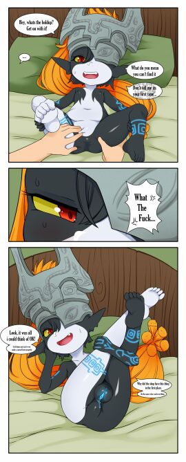 2025 absurd_res ass bed blue_markings blue_vulva blush bodily_fluids comic dripping embarrassed english_text featureless_crotch female fleshlight fleshlight_between_legs furniture genitals hair hi_res humanoid imp legs_together long_hair looking_at_viewer lube markings midna multicolored_body nintendo nipples oozutsu_cannon open_mouth penetrable_sex_toy pointy_ears pussy sex_toy smile speech_bubble spread_legs spreading sweat tattoo text the_legend_of_zelda twili twilight_princess vulva