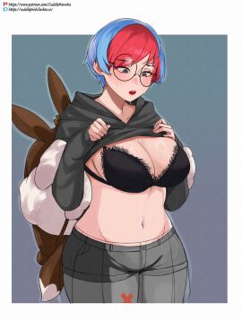 1girls aged_up blue_hair blush bra breasts cuddlephish0 female game_freak glasses light-skinned_female light_skin nintendo panties penny_(pokemon) pokemon pokemon_sv red_hair short_hair thick_thighs two-tone_hair wide_hips