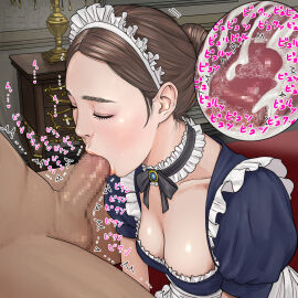 1boy 1girls asian_female breasts brown_hair censored cleavage clothed_female_nude_male cum cum_in_mouth fellatio female hair_bun juliet_sleeves kawa_kit lips long_sleeves maid maid_headdress male medium_breasts nude oral original penis puffy_sleeves straight text