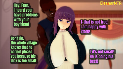 1boy 1girls 3d artist_name big_breasts breasts clothed clothed_female clothed_male dark-skinned_male dark_skin eleanor_ntr english english_text eyeless eyeless_male female fern_(sousou_no_frieren) green_text huge_boobs huge_breasts interracial koikatsu large_boobs large_breasts long-haired_female long_hair male male/female muscles muscular muscular_male netorare ntr purple-eyed_female purple-haired_female purple_eyes purple_hair purple_text smile sousou_no_frieren