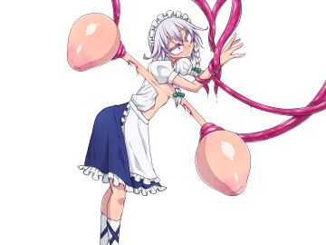 apron blue_skirt bow braid breasts clenched_teeth commentary_request constricted_pupils cross-laced_clothes cross-laced_legwear ero_guro female frilled_apron frilled_skirt frills gore grabbing_another's_breast green_bow grey_hair groping guro hairbow highres huge_breasts inverted_nipples izayoi_sakuya large_areolae leaning_forward maid_headdress nipples open_clothes open_shirt puffy_short_sleeves puffy_sleeves purple_eyes restrained shiny_skin shirt short_hair short_sleeves skirt socks sweat teeth tentacle torn_skin touhou tsukuri-amari twin_braids white_apron white_background white_shirt white_socks