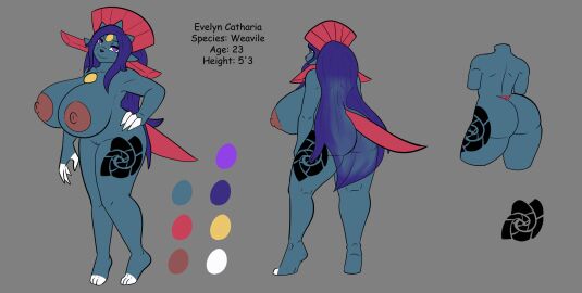 anthro areola ass bear213 big_breasts big_butt breasts digital_media_(artwork) evelyn_catharia female generation_4_pokemon hair hi_res huge_breasts huge_butt hyper hyper_breasts looking_at_viewer mammal mustelid musteline nintendo nipples nude pokemon pokemon_(species) simple_background smile solo tail text thick_thighs weavile wide_hips