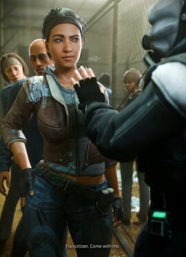 3d akkonsfw alyx_vance background_character citizen_(half-life_2) civil_protection_(half-life_series) clothed clothed_female clothing combine_(half-life_series) dialogue english_text female female_focus half-life:_alyx half-life_(series) half-life_2 imminent_sex jacket jeans male text