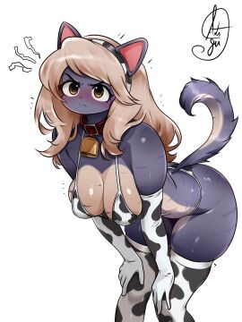1girls angry bow_thighhighs breasts cat_ears cat_girl catgirl collar cow_bikini cow_gloves cow_print feline female female_focus female_only fur furry furry_female furry_only pouting shiny_skin solo solo_female solo_focus theguiarts thick_thighs thighhighs thighs