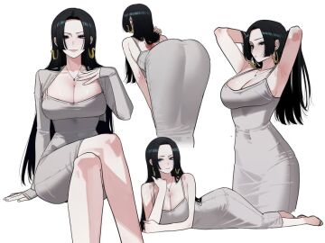 absurdres armpits arms_up ass black_hair boa_hancock breasts cleavage cocktail_dress crossed_legs dress female grey_dress highres large_breasts long_hair looking_at_viewer multiple_views one_piece ratatatat74 smile very_long_hair