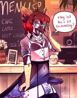 1boy anthro avian bird bottomwear bra cafe clothing dress_shirt ear_piercing embarrassed erection erection_under_skirt eyewear femboy freckles froggsalt garter_belt garter_straps genitals glasses hair hi_res legwear lingerie male navel office_clothing owl penis penis_poking_out piercing public public_nudity red_hair secretary secretary_outfit shirt skirt solo speech_bubble tattoo thick_thighs thigh_highs topwear under_skirt_view underwear