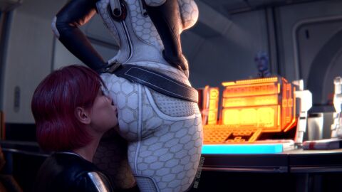 3d 3girls ass background_character big_ass bubble_ass bubble_butt commander_shepard crackedorb duo_focus female femshep huge_ass kissing kissing_ass liara_t'soni mass_effect miranda_lawson red_hair yuri