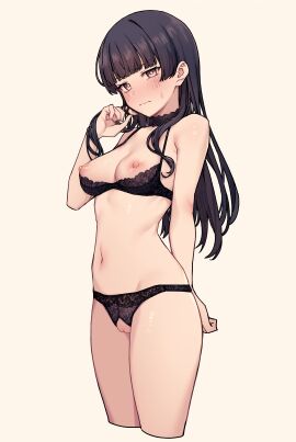 adjusting_hair black_bra black_hair black_panties blush bra_pull breasts breasts_out brown_eyes embarrassed female female_focus idolmaster idolmaster_shiny_colors jp06 long_hair looking_at_viewer mayuzumi_fuyuko medium_breasts pussy pussy_cutout shaved_pussy simple_background sweatdrop