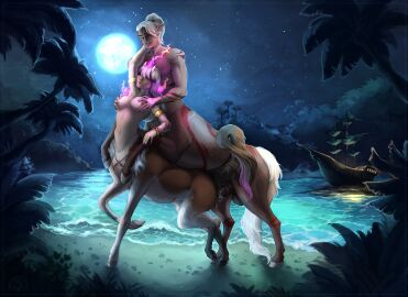 animal_genitalia_on_humanoid armlet beach boat bodily_fluids bracelet breast_squish breasts centaur collarbone cum cum_in_pussy cum_inside depth_of_field equid equid_taur feidkedr female full_moon genital_fluids genitals hair happy happy_sex hi_res hitodama horsecock_on_humanoid humanoid_pointy_ears humanoid_taur jewelry looking_at_another male mammal mammal_taur medium_breasts moon muscular muscular_male navel night nude nude_female nude_male oni_horn organs outside penis ponytail pussy raised_arm sailing_boat sailing_watercraft sea sex sky squish star starry_sky stomach taur vaginal_penetration vehicle water watercraft white_hair