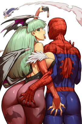 1girls 2boys ass ass_grab big_ass big_breasts boyfriend-girlfriend breasts camera capcom captain_commando captain_commando_(character) couple crossover darkstalkers demon eastern_and_western_character female from_behind grabbing_ass grabbing_from_behind green_eyes green_hair haraya head_wings huge_ass large_ass large_breasts leotard long_hair male marvel marvel_comics marvel_vs._capcom morrigan_aensland mutual_ass_grab pantyhose peter_parker selfie spider-man spider-man_(series) straight succubus taking_picture wings