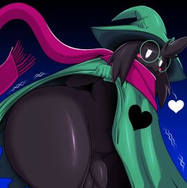 anthro balls biped black_body blush bovid caprine clothed clothing clothing_lift deltarune eyewear genitals glasses gradient_background green_clothing hat headgear headwear heart_symbol hi_res looking_at_viewer male male_focus male_only mammal no_underwear nobody147 penis ralsei simple_background solo thick_thighs undertale_(series) witch_hat