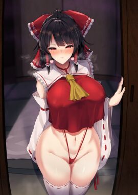 1girls absurdres ascot black_hair blouse blush bow breasts collar commentary_request crop_top crop_top_overhang detached_sleeves earrings female frills furrowed_brow groin hair_between_eyes hair_bow hair_tubes half_updo heavy_breathing highleg highres jewelry large_breasts long_hair looking_at_viewer midriff navel no_pants nontraditional_miko puffy_sleeves red_bow red_collar red_eyes red_shirt reimu_hakurei ribbon ribbon-trimmed_sleeves ribbon_trim shirt sidelocks sinkai sleeveless sleeveless_shirt slingshot_swimsuit solo stomach swimsuit tagme thigh_highs touhou tsurime white_thighhighs wide_hips wide_sleeves yellow_ascot