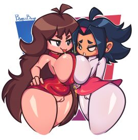 2girls ass beepisboop big_ass big_breasts breast_to_breast breasts brown_hair clothed dark_hair dress exposed_pussy female female_only friday_night_funkin girlfriend_(friday_night_funkin) hand_on_hip headband highres huge_ass huge_breasts nene_(newgrounds) newgrounds no_bra no_underwear noseless pussy pussy_visible_through_clothes red_dress revealing_clothes saliva saliva_trail sideboob skin_tight skintight skintight_bodysuit skintight_dress skirt steam steamy_pussy teasing underass wet wet_pussy