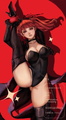 1girls arms_behind_back atlus big_breasts black_legwear black_thighhighs blush breasts cameltoe clothing color costume female hair_ornament hair_ribbon human kasumi_yoshizawa large_breasts leg_grab legs_apart legs_held_open legs_up pale_skin persona persona_5 persona_5_royal phantom_thief_suit ponytail pussy red_eyes red_hair spread_legs stretching sumire_yoshizawa tagme thighhighs weisart weithe2nd