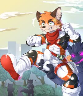 4_fingers absurd_res anthro anthro_on_anthro ballbusting balls canid canine clothed clothing cock_and_ball_torture cock_and_balls_torture duo_focus ear_piercing erection eyebrows fingers fox genital_torture group hi_res juncos_(jayfeath3r) male male/male mammal notched_ear penis piercing plant tree zhuki_(artist)