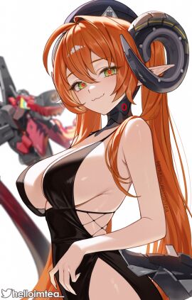 alternate_costume bare_shoulders beret black_dress black_hat blurry blurry_background breasts closed_mouth commentary dress english_commentary evening_gown female fingernails hat helloimtea highres horns large_breasts long_hair long_pointy_ears looking_at_viewer magus_(zenless_zone_zero) mechanical_horns orange_hair orphie_magnusson paid_reward_available pointy_ears red_pupils sideboob simple_background smile solo_focus twintails twitter_username very_long_hair white_background yellow_eyes zenless_zone_zero