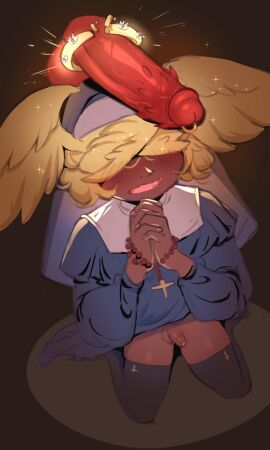 1boy 1femboy 3:5 angel balls barbed_penis biblically_accurate_angel big_penis black_thighhighs blasphemy blonde_hair blush broken_halo christian_symbol christianity clothing corruption crossdressing crossdressing_male dark-skinned_femboy dark-skinned_male dark-skinned_sub dark_skin demon disembodied_penis duo erection eyeless_male feather_hair feathered_wings femboy gay gay_male genitals hair hair_over_eyes halo head_wings hi_res huge_cock humanoid imminent_sex kneeling lazysnout legwear male male/male nun nun's_habit nun_outfit penile_spines penis penis_on_head penis_size_difference praying red_balls red_penis religion rosary sissy size_difference small_penis solo_focus thick_thighs thigh_highs thighhighs wings yaoi