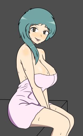 1girls big_breasts blue_hair breasts female fuuka_yamagishi long_hair looking_at_viewer persona persona_3 shiny_skin solo_female solo_focus towel wet yamagishi_fuuka