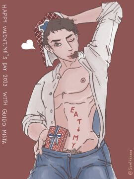 1boy 2023 guido_mista inviting_to_oral jojo's_bizarre_adventure male male_only muscular muscular_male one_eye_closed pubic_hair softcore solo text valentine's_day vento_aureo wink