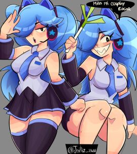 1girls ass bamboo blue_hair bottomless brawl_stars breasts cat_ear_headphones cat_ears colette_(brawl_stars) cosplay female female_only hatsune_miku hatsune_miku_(cosplay) headphones jartiz looking_at_viewer posing seductive_eyes sitting smile solo solo_female solo_focus spanish_text supercell text thick_thighs vocaloid