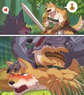 anal anal_sex anthro anthro_only ass black_body black_fur black_nose blush blush_lines bottomwear canid canine canis claws clothing doggy_style domination domination_loss duo fangs fantasy finger_claws forced_anal from_behind_position fur gay gay_male heart_symbol hi_res highwayman horumu instant_loss_2koma kemono loincloth male male/male male_only male_penetrated male_penetrating male_penetrating_male mammal melee_weapon nude nude_anthro nude_male pecs penetration sex shoulder_guards submissive sword tan_body tan_fur teeth thief weapon white_body white_fur wolf yaoi