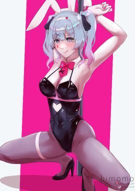 1girls 2d armpits arms arms_behind_head arms_up bare_shoulders black_leotard blue_eyes blue_hair blush boobs bow breasts bunny_ears bunny_girl bunnysuit cleavage clothed clothing covered_navel digital_drawing_(artwork) face_markings female female_focus female_only fully_clothed hair hands_behind_head hatsune_miku heart-shaped_pupils heart heart_cutout high_heels hips latex legs legs_apart legs_spread light_skin multicolored_hair open_eyes pole rabbit_hole_(deco*27/caststation) rabbit_hole_(vocaloid) short_hair shoulders squatting thighs tights tits tongue tongue_out twintails vocaloid waist