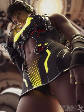 1girls 3d 3d_render blender female headphones junkerz luna_(the_first_descendant) miniskirt navel nexon the_first_descendant upskirt