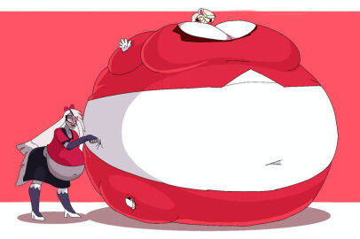 2girls bloated_belly charlie_morningstar_(hazbin_hotel) female female_only hazbin_hotel immobile inflation navel spherical_inflation tagme tagme_(artist) vaggie_(hazbin_hotel) wardrobe_malfunction
