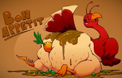 2023 ambiguous_gender anal anal_sex artist_name ass avian beak big_butt bird blush blush_stickers brown_background butt_focus carrot_in_ass english_text feathers feral food food_fetish food_in_ass food_insertion food_play fruit galliform gravy huge_butt improvised_sex_toy jubb legume lying markings miitopia narrowed_eyes on_front open_mouth open_smile orange_beak orange_legs pea_(food) penetration phasianid plant red_body red_feathers red_wings simple_background smile smug solo spots spotted_body spotted_feathers squint squinted_eyes tail tail_feathers tan_body tan_feathers text turkey twerkey wings