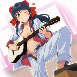 1girls alternate_costume big_breasts blue_hair blush breasts brown_eyes busty female grin guitar hair_between_eyes hair_ribbon heart highres instrument large_breasts legs long_hair music navel no_bra no_panties one_eye_closed open_clothes open_shirt pants playing_instrument ponytail ribbon sakura_shinguji sakura_wars sega smile solo teeth thighs unbuttoned unbuttoned_pants unzipped voluptuous wink