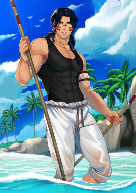 1boy abs biceps big_pecs big_pectorals black_hair braid breasts cloud collarbone earrings eight_pack grey_eyes hi_res holding_object holding_stick jouvru_(joberu) large_pecs large_pectorals lips long_hair looking_at_viewer male male_only mature_male morning mother's_spirit muscles muscular muscular_arms muscular_chest muscular_male necklace nipples_visible_through_clothing outdoors palm_tree pants pecs qaltaqa rolled_up_sleeves rope seagull seaside shallow_water six_pack solo standing standing_in_water sunny sweat sweatdrop tanktop tattoo tattooed_arm thick_eyebrows tight_clothing translucent_clothing tribal tribal_markings tribal_tattoo veiny_arms veiny_muscles very_high_resolution wet yaoi