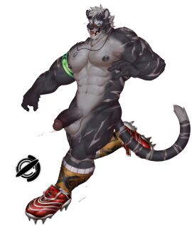 abs anthro balls biceps black_body black_fur blue_eyes clothing felid footwear foreskin fur genitals grey_body grey_fur grey_hair hair half-erect happy hi_res jewelry long_socks looking_pleasured male mammal multicolored_body muscular muscular_male necklace nude pantherine pecs penis quads retracted_foreskin running shiling shoes simple_background sneakers soccer_player socks solo striped_body stripes three-quarter_view tiger tongue tongue_out two-tone_body uncircumcised white_background