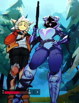 1boy 1girls breasts broken_shield downed female fortnite fortnite:_battle_royale gun male mangopeanutjam raven_team_leader raven_team_leader_(fortnite) sunspot_(fortnite) thighs tree trees