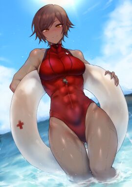 1girls abs big_breasts blush breasts brown_hair dark-skinned_female dark_skin ear_piercing earrings female female_only hi_res lifeguard limbus_company looking_at_viewer muscular muscular_female outis_(limbus_company) project_moon seaside short_hair smile standing swimsuit thick_thighs wet yellow_eyes