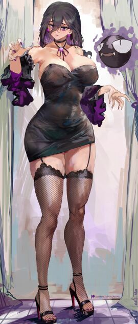 absurdres bare_shoulders breasts cleavage curvy detached_sleeves earrings female female_focus fishnet_thighhighs fishnets full_body gastly gen_1_pokemon hex_maniac hex_maniac_(z-a) high_heels highres incredibly_absurdres jewelry large_breasts looking_at_viewer loooyd medium_hair nail_polish nintendo pokemon pokemon_legends:_z-a purple_eyes skindentation solo thick_thighs thighhighs thighs toenail_polish toenails wide_sleeves